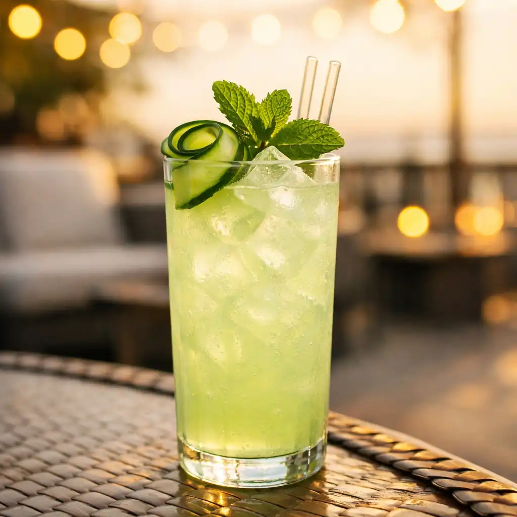 Elegant alcohol-free cocktail with cucumber ribbon and mint on a terrace table