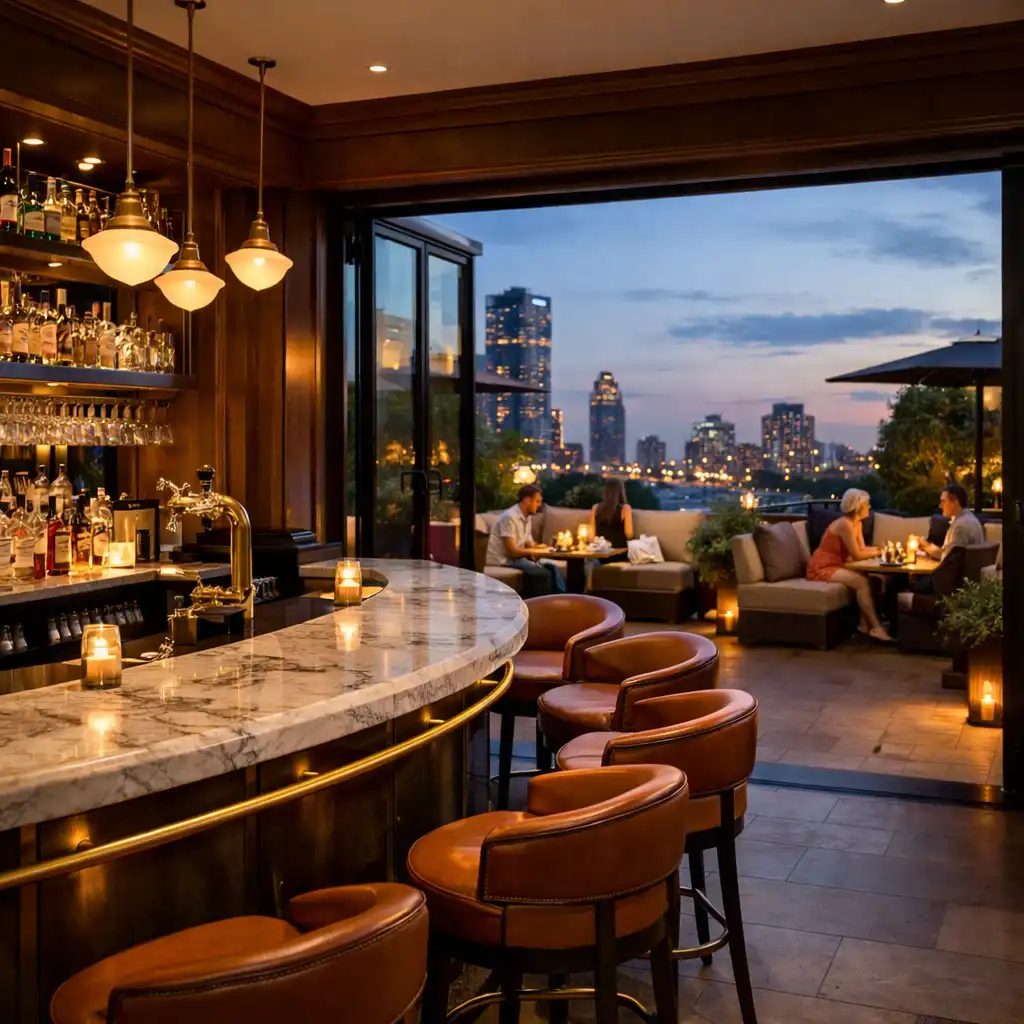 Curved marble bar with brass details and a view to the open terrace