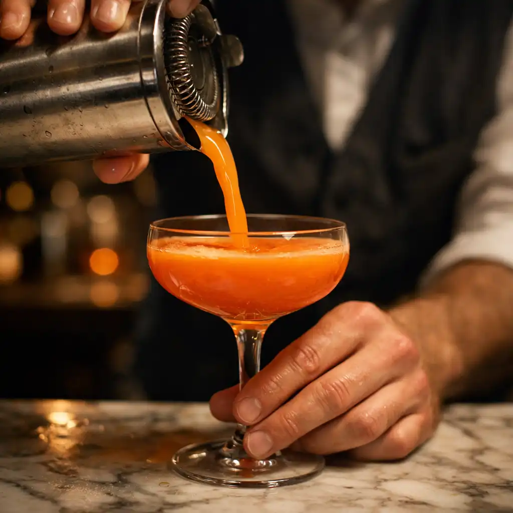 Bartender pouring a vibrant orange cocktail into a coupe glass