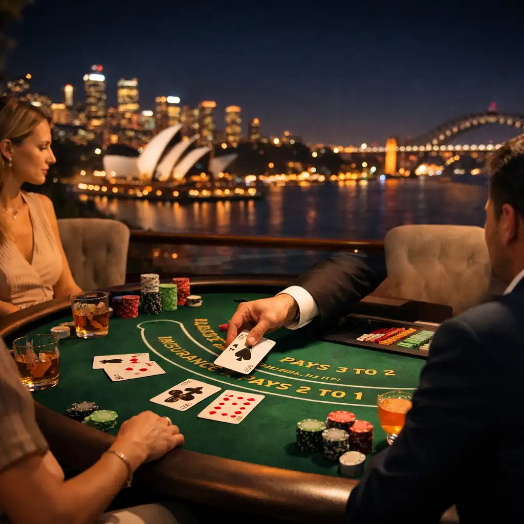 Elegant blackjack table on the terrace at night with plush chairs, cards being dealt, and the Sydney skyline in the background