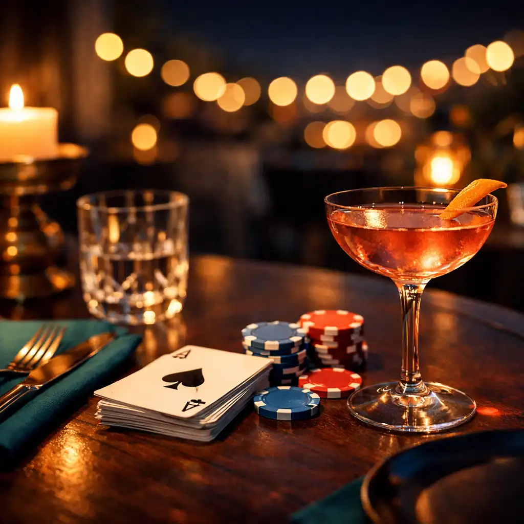 Beautifully set terrace table at night with warm lighting, a cocktail glass, and playing cards
