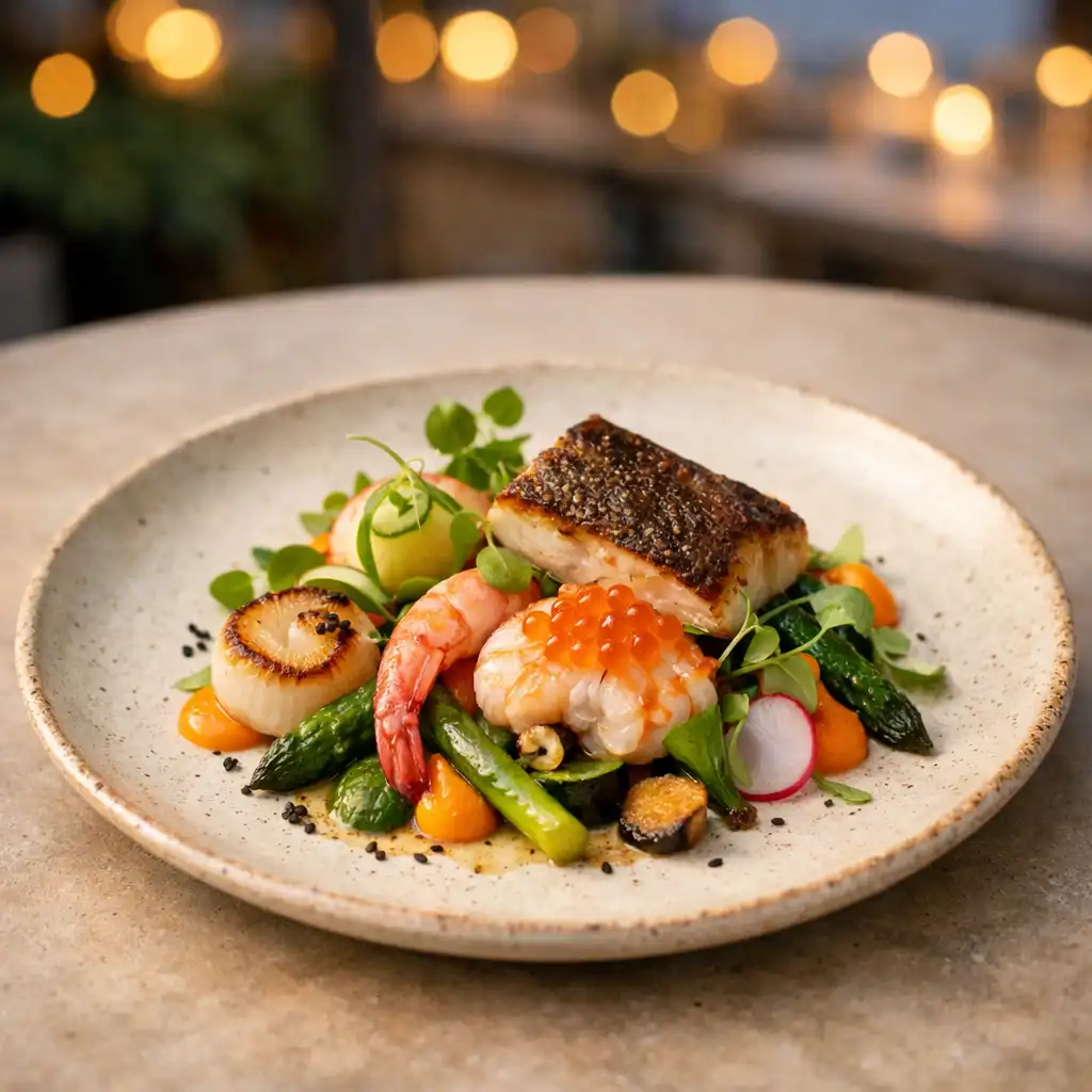 Beautifully plated modern Australian dish with fresh seafood and vibrant vegetables on a terrace table