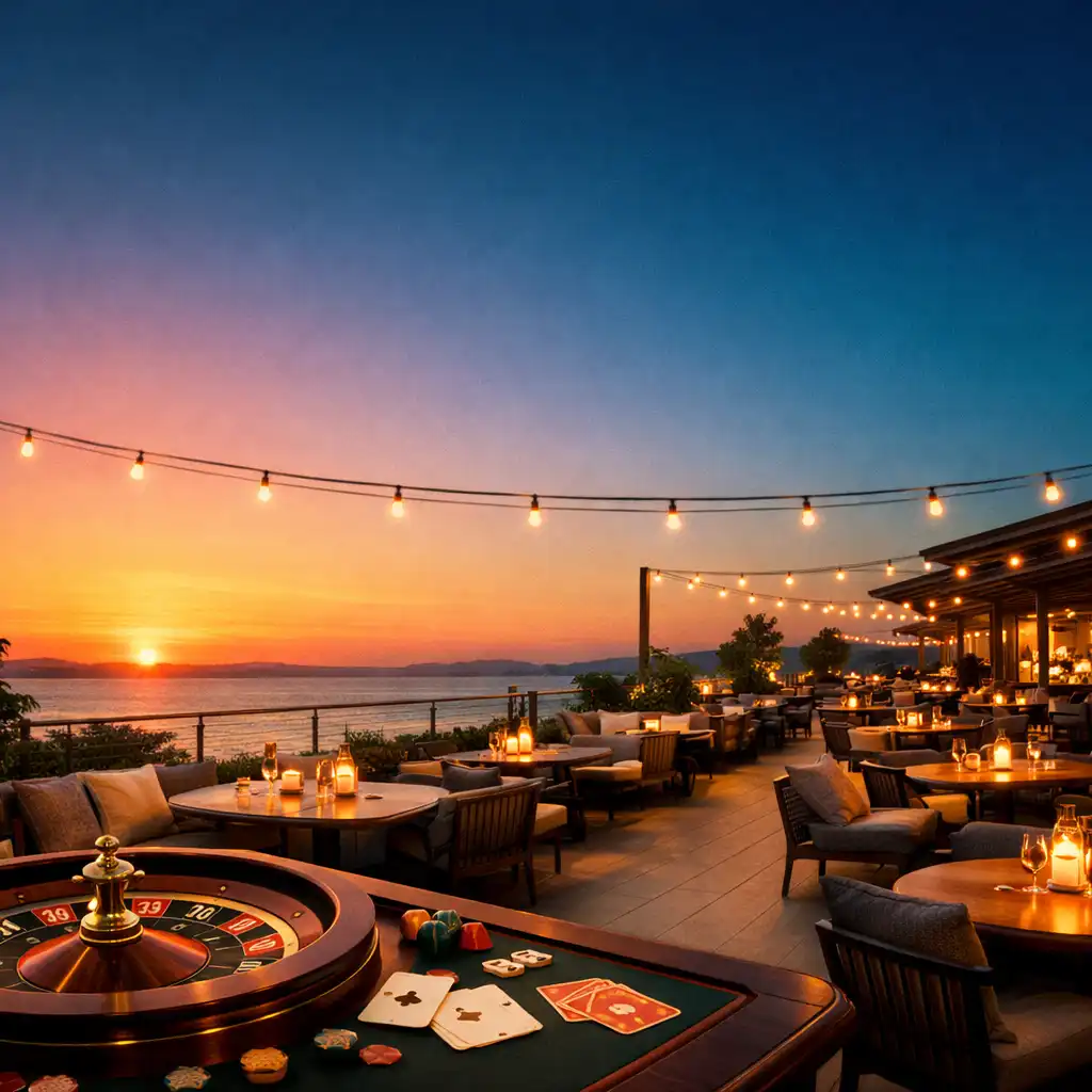 Elegant terrace at dusk with warm festoon lights and a subtle roulette table, transitioning from sunset to evening