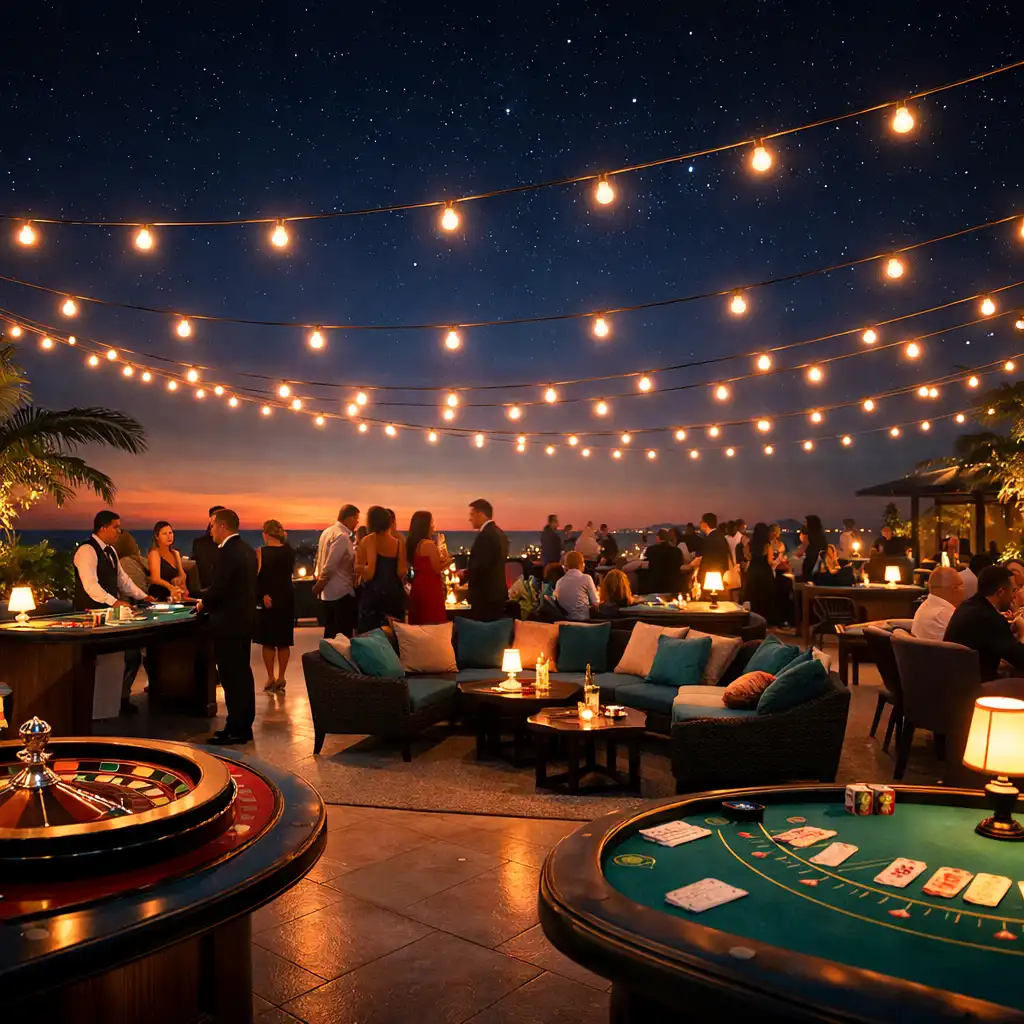 Wide view of the terrace at night transformed for casino nights with gaming tables, lounge seating, and warm string lights