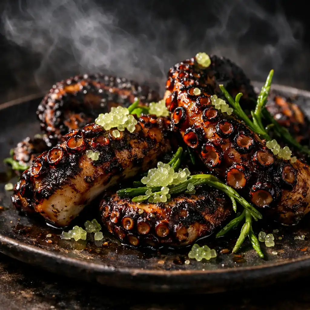 Charred octopus with finger lime and coastal greens