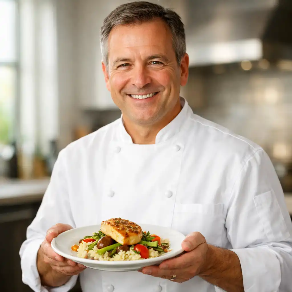 Head chef in a modern kitchen holding a plate of food