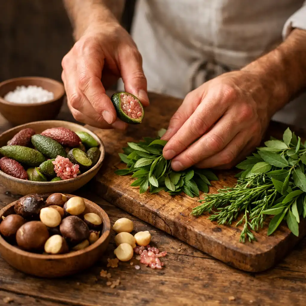 Fresh Australian ingredients arranged on a rustic wooden table