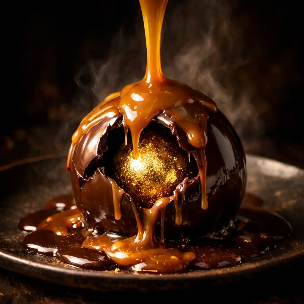 Golden roulette sphere dessert with caramel being poured