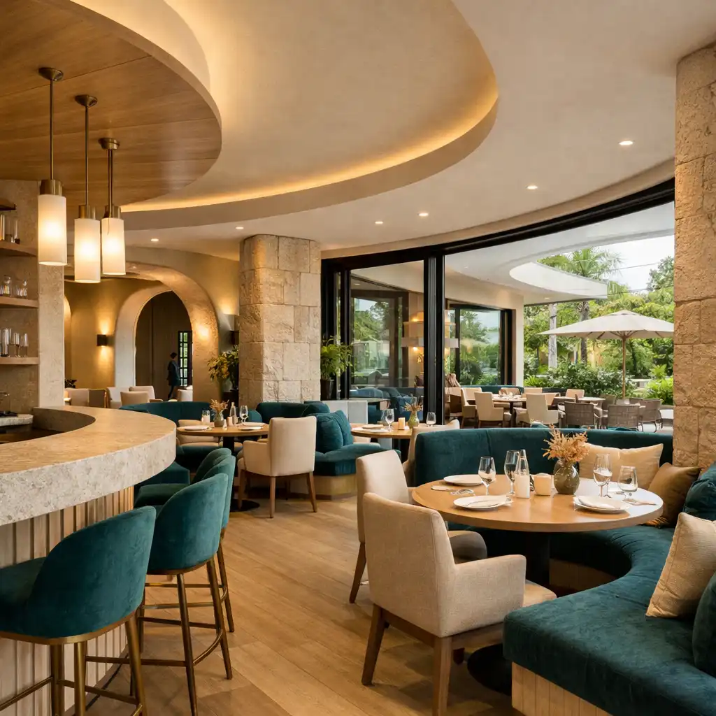 Bright and airy interior of the Dine Terrace restaurant with curved architectural lines, natural stone, timber finishes, and large windows overlooking the terrace