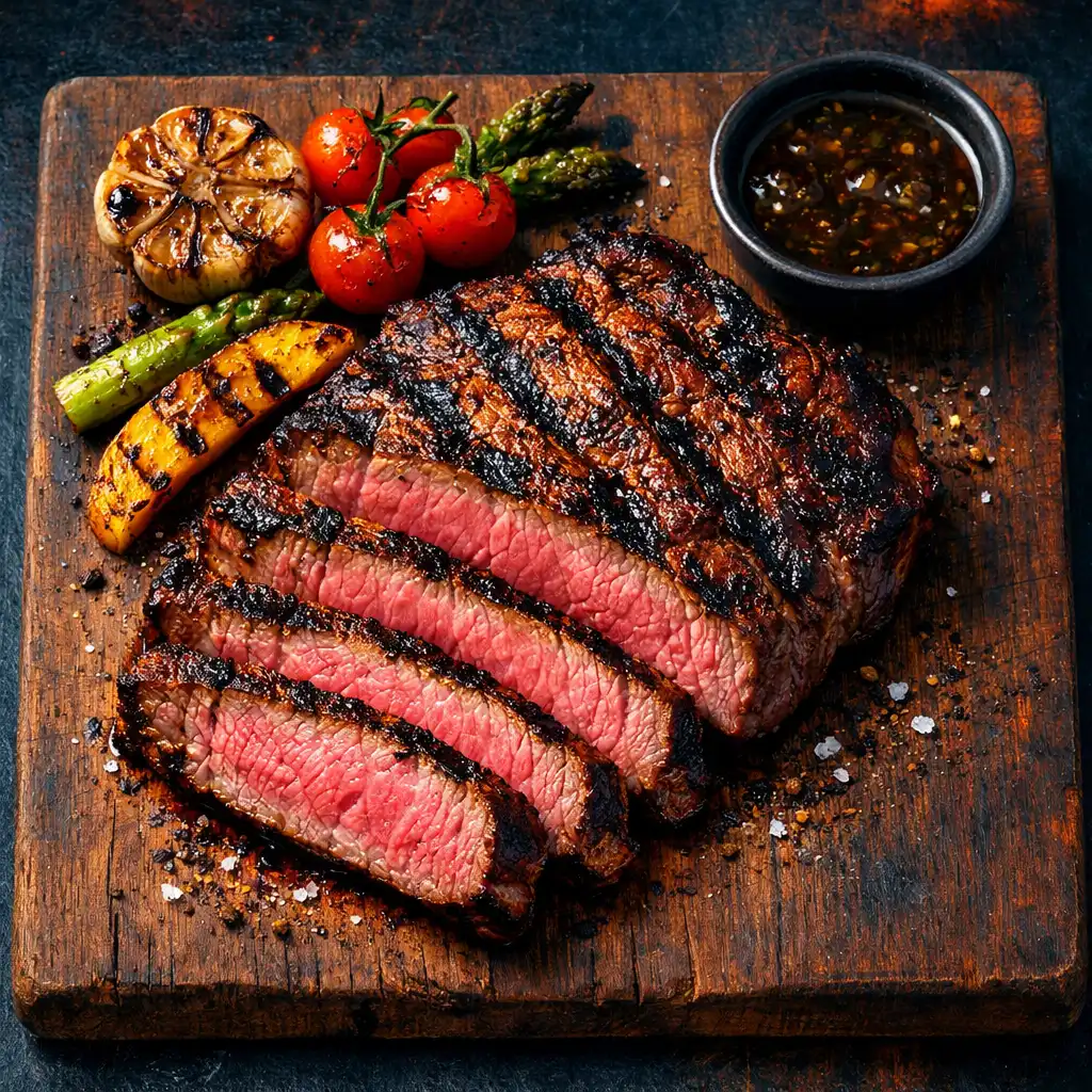 Char-grilled wagyu steak sliced on a wooden board with grilled vegetables and sauce