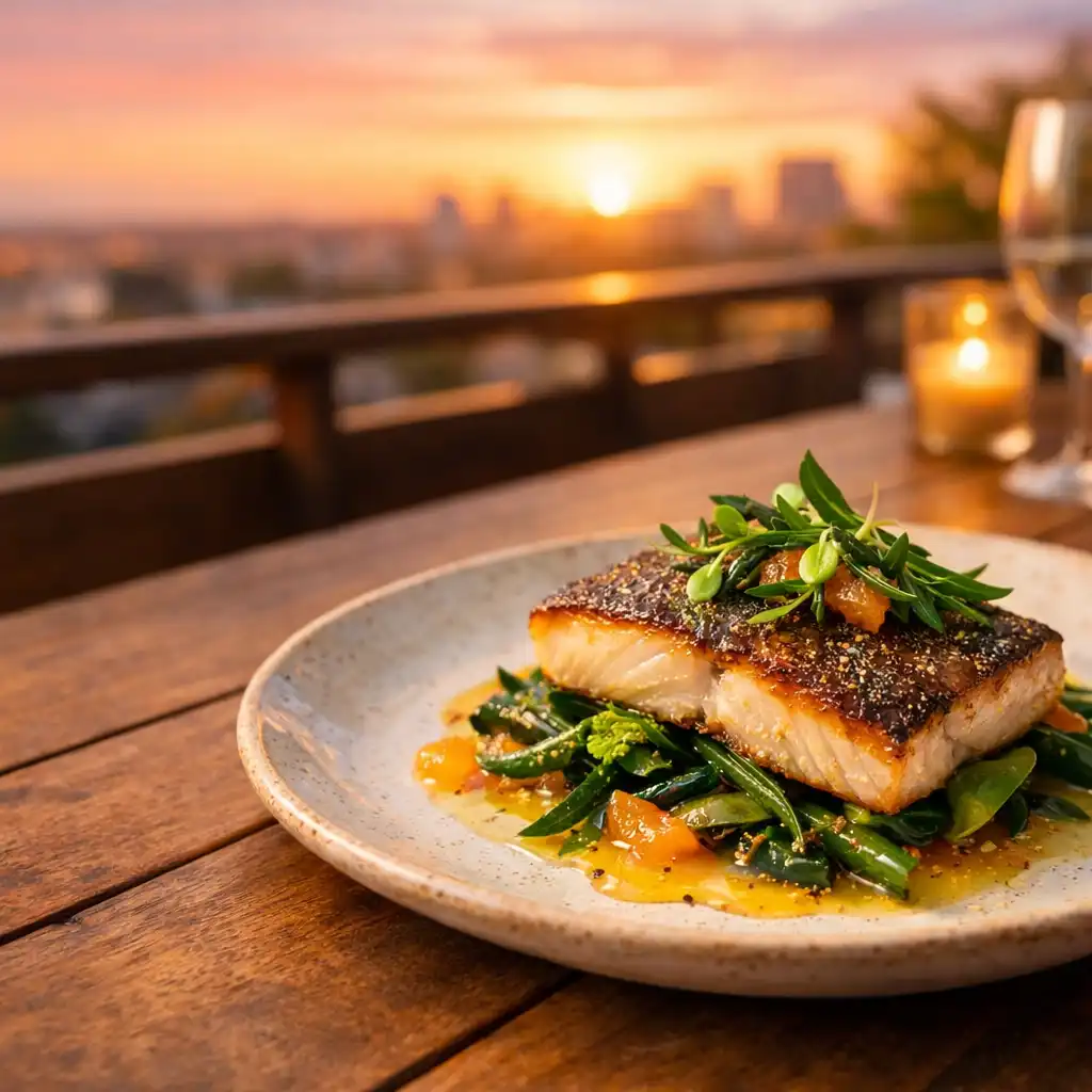 Seared barramundi with native greens and citrus glaze on a terrace table at sunset