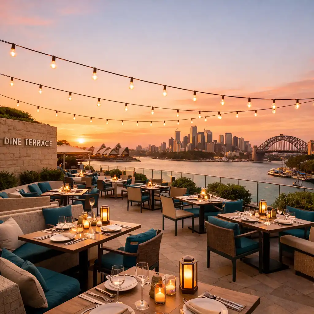 Dine Terrace outdoor dining area during golden hour with tables set and string lights above