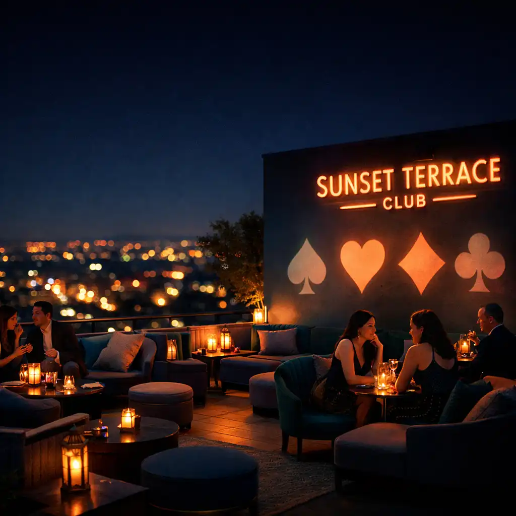 Dine Terrace at night transformed into the Sunset Terrace Club with lounge seating and ambient lighting