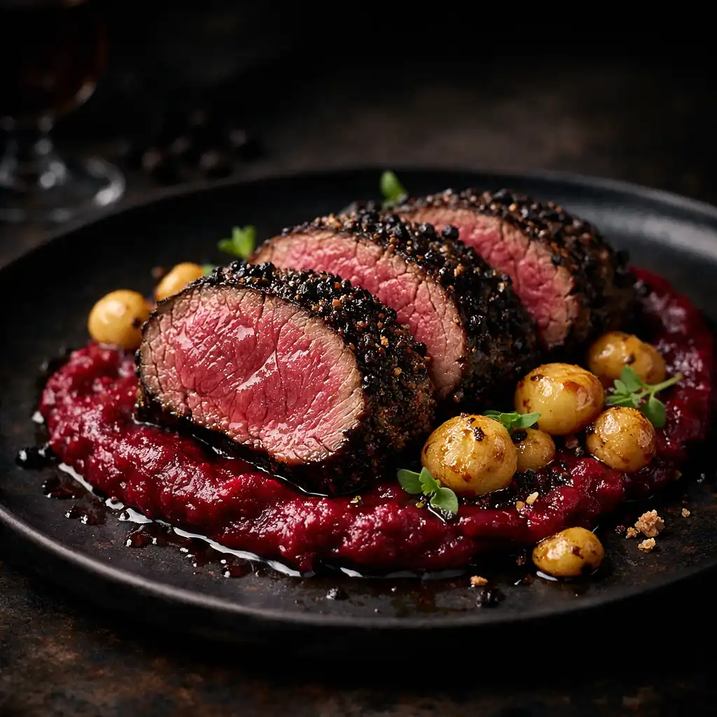 Seared kangaroo loin with native pepper crust and beetroot purée
