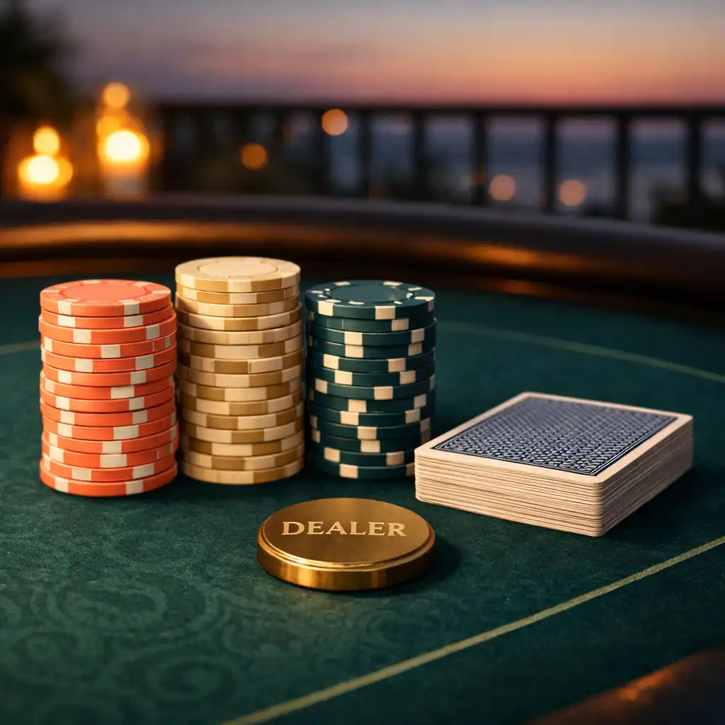 Close-up of a poker table setup with chips and cards on the terrace