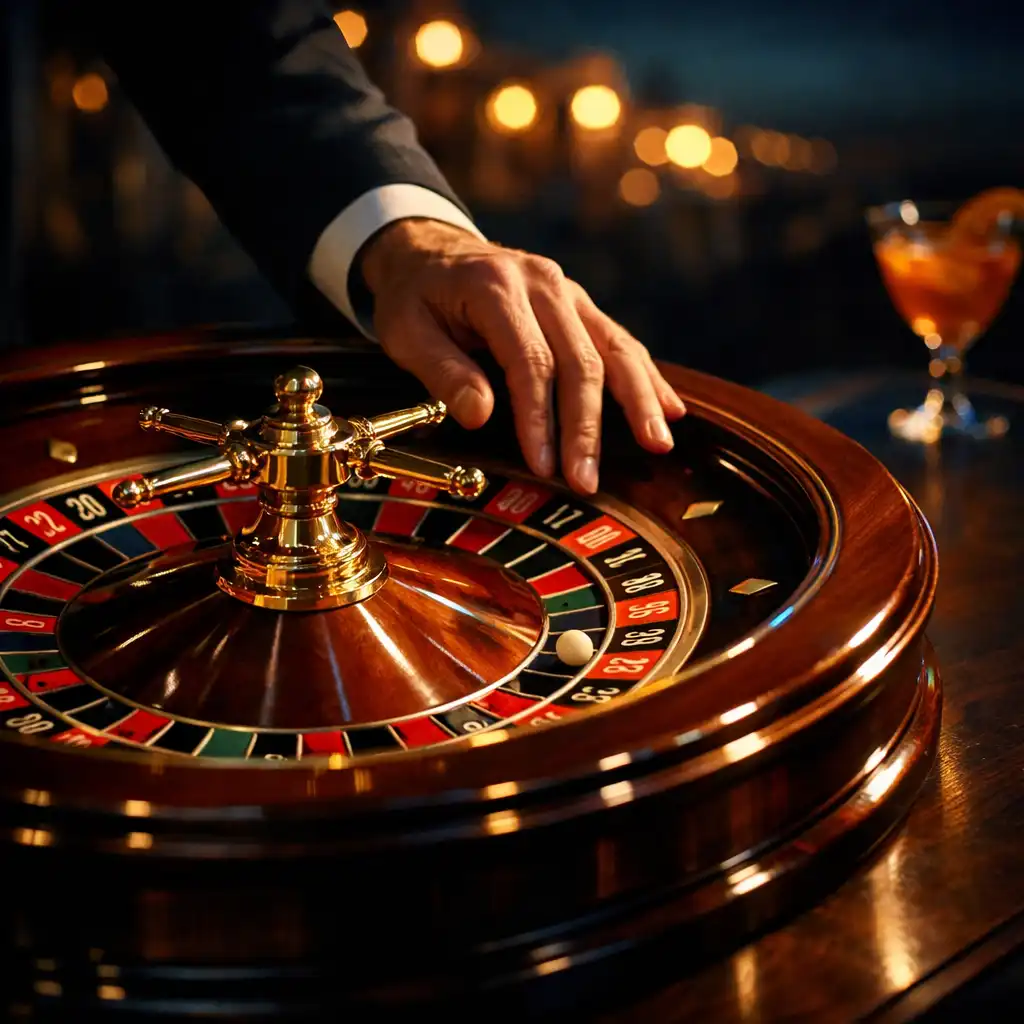 Close-up of a polished roulette wheel with a croupier's hand spinning it under warm ambient lighting
