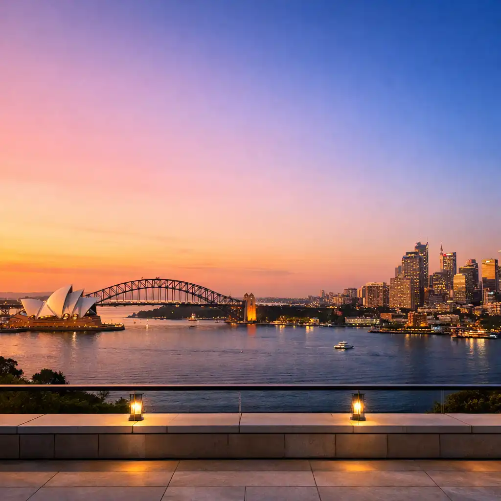 Panoramic view of the Sydney skyline from the terrace, featuring the Opera House and Harbour Bridge under a sunset gradient sky