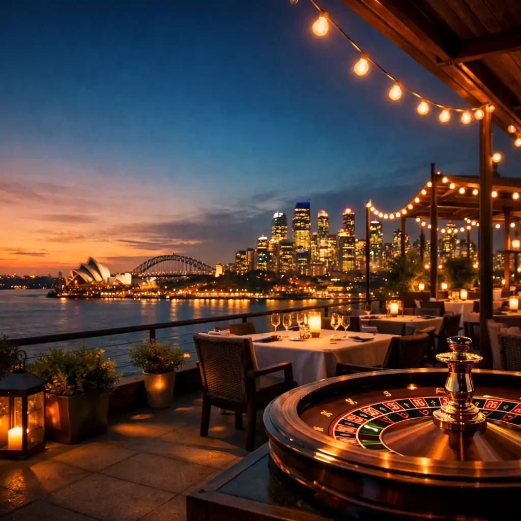Sunset Terrace Club at dusk with warm lights, panoramic Sydney skyline, and a subtle roulette wheel on a side table