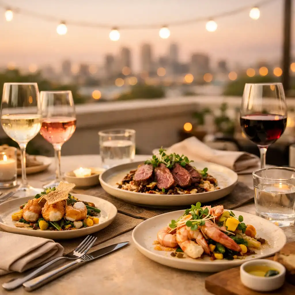 Elegant outdoor dining table set with modern Australian cuisine and wine glasses, with a blurred skyline and warm string lights behind