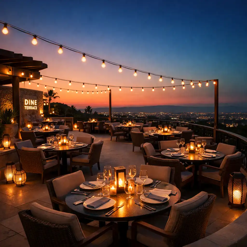 Dine Terrace outdoor dining area at dusk with warm lighting and city view