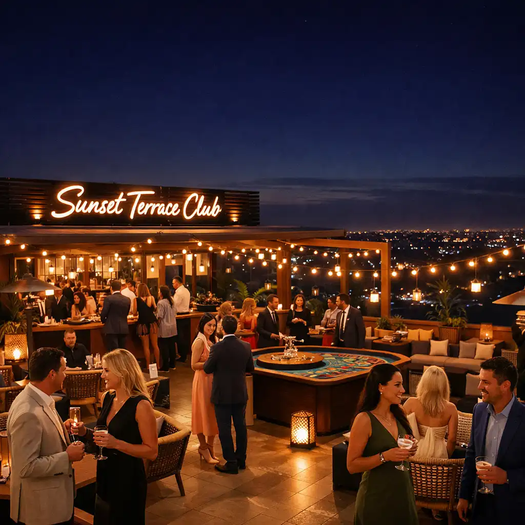 Wide view of the Sunset Terrace Club at night with guests mingling, cocktails, and a roulette table in the background