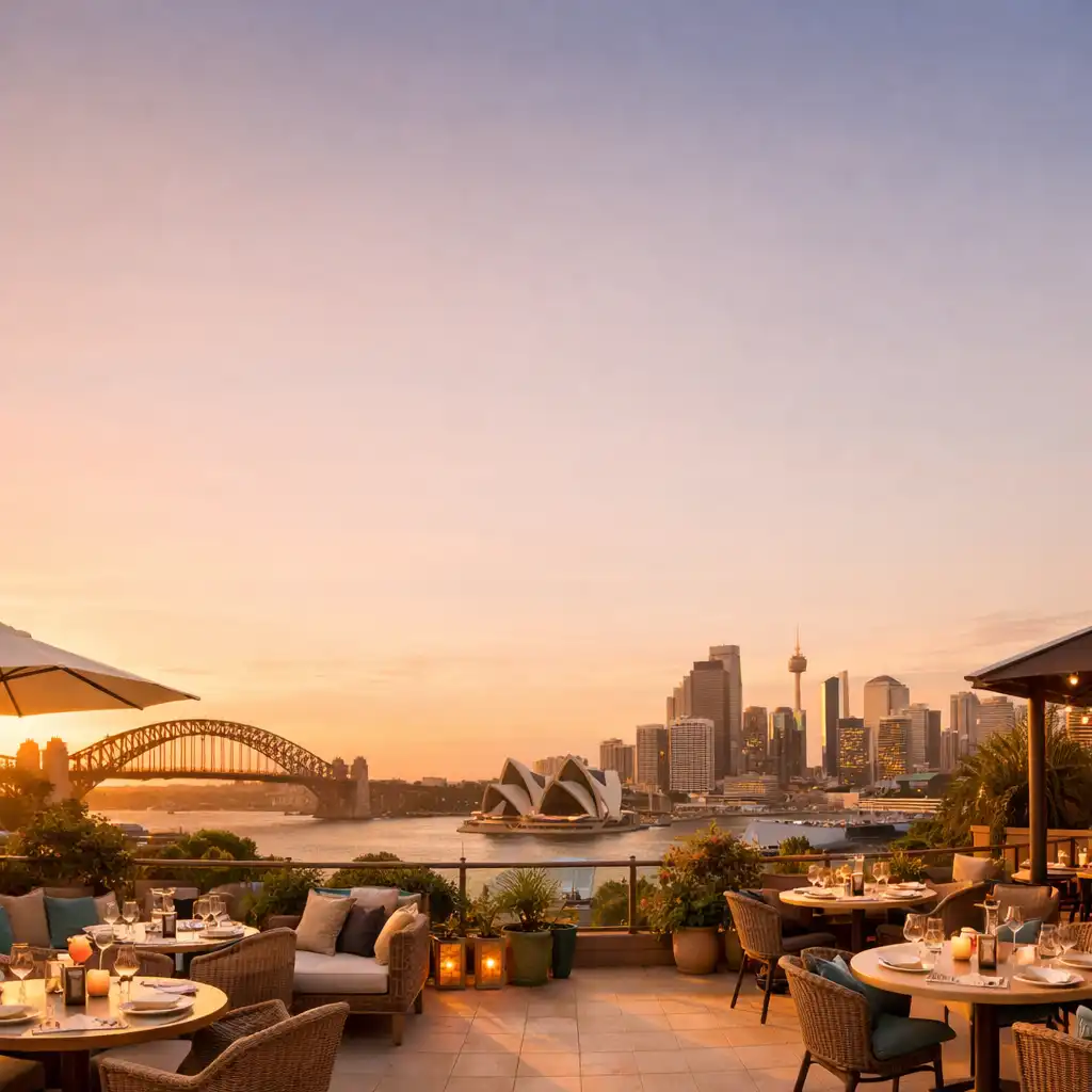 Panoramic view of the Dine Terrace outdoor dining space at sunset with the Sydney skyline in the background