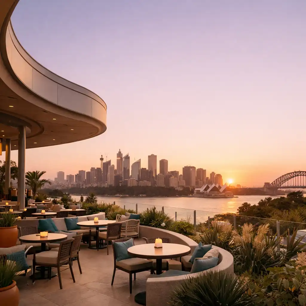 Sunset over the dineterrace terrace with the Sydney skyline in the background